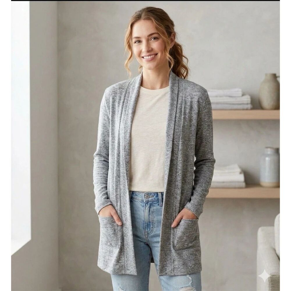 City Streets Open Front Cardigan Womens XL Knit Long Sleeve Pockets Blue Minimal